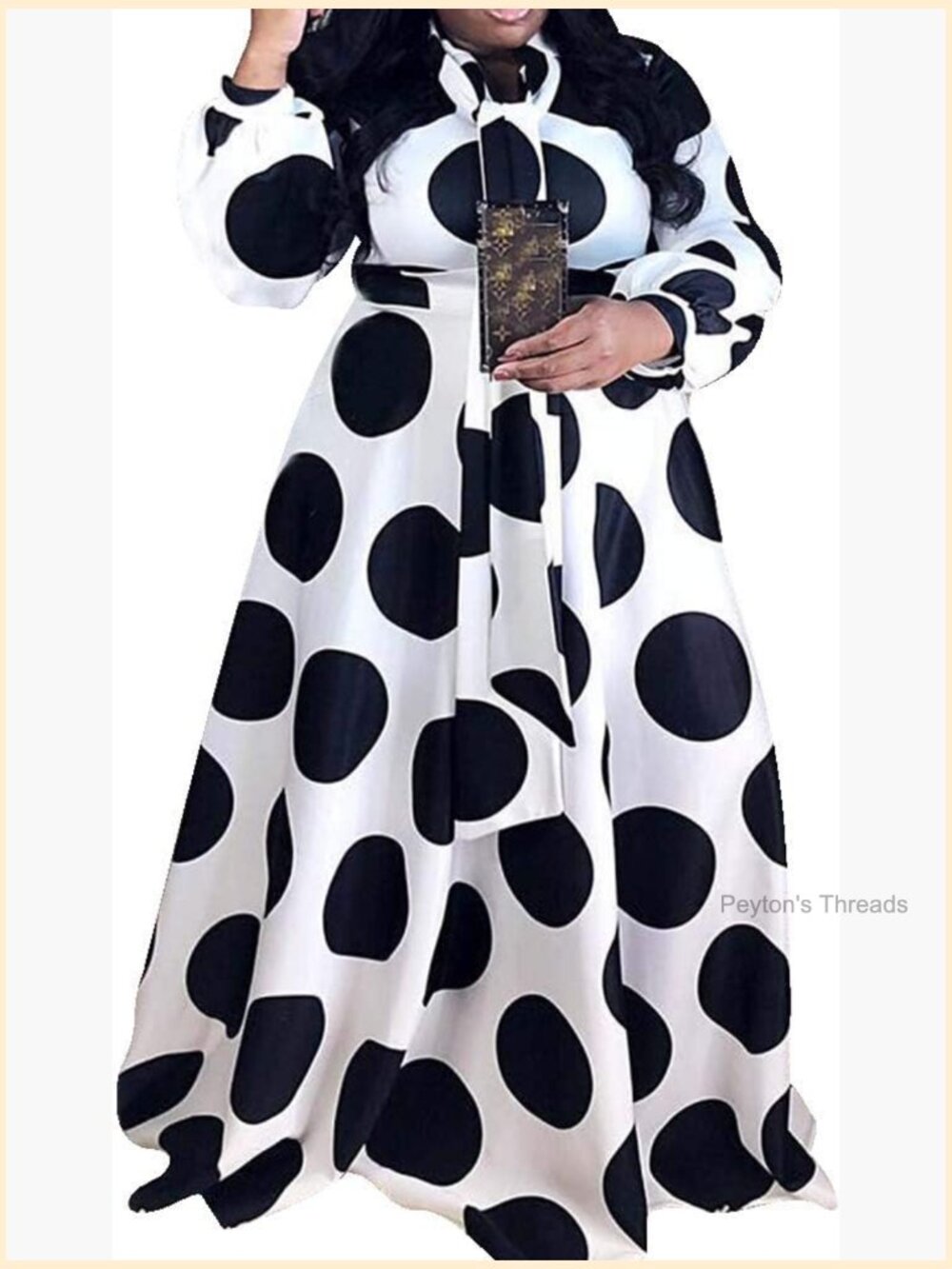 Plus Size Floor-Length Dots Print Long Sleeve Maxi Dress Prom Dress with Pockets